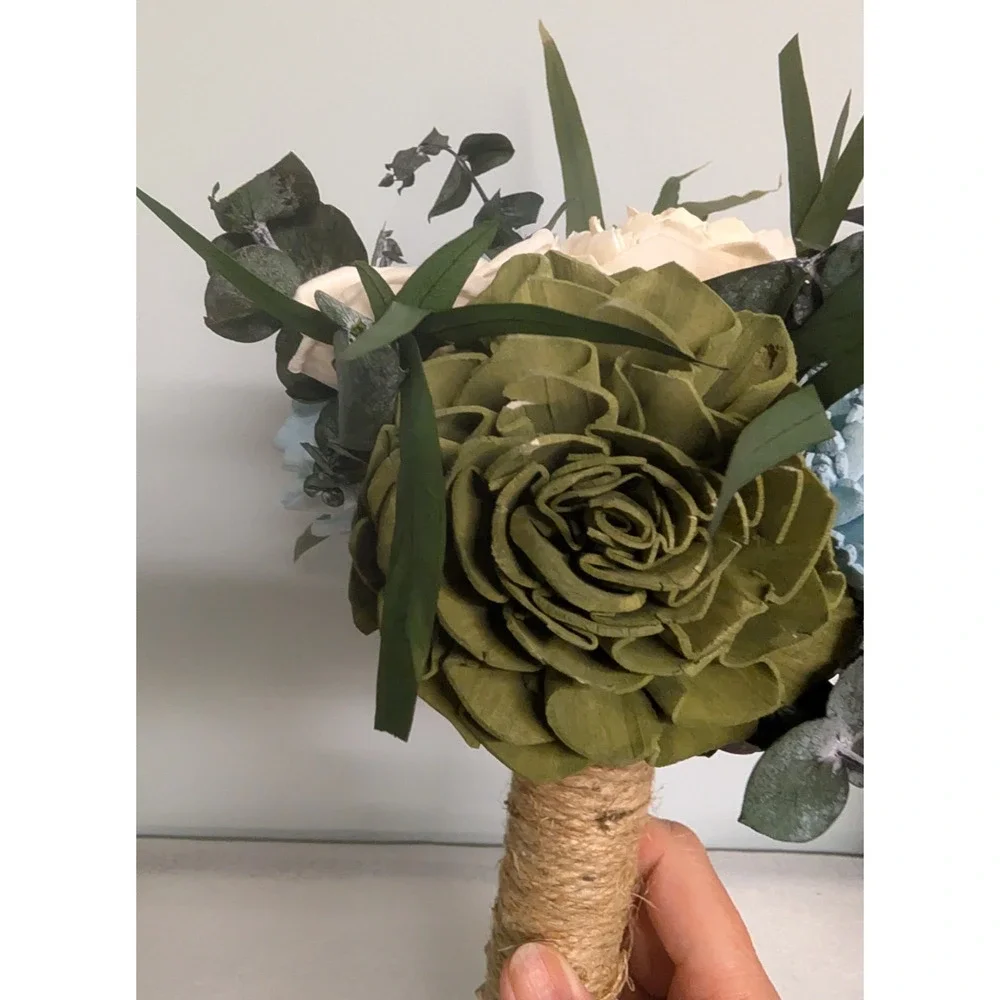 Nantucket Blue Green Cream Sola Wood Bridal Bouquet Bridesmaid Wedding Flowers